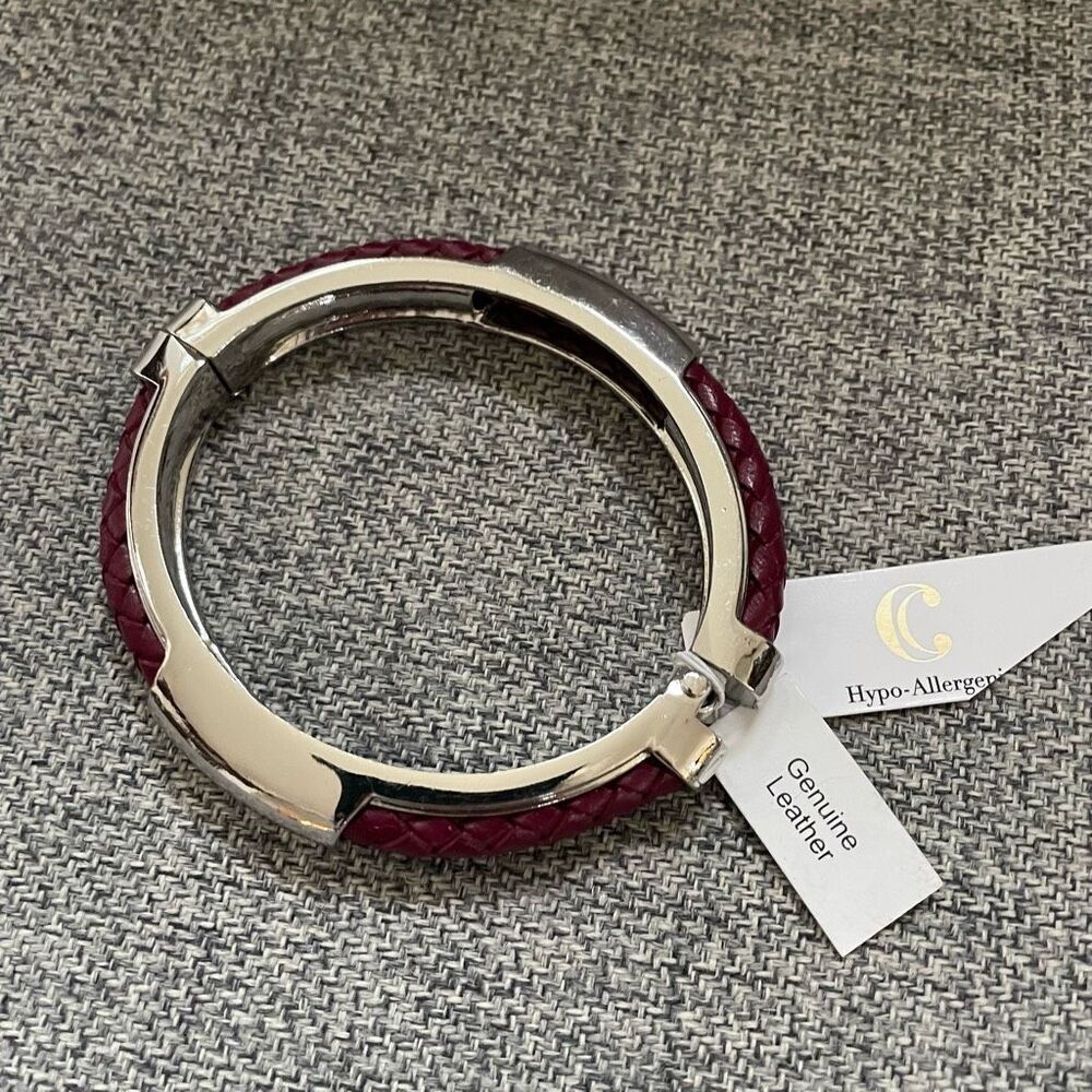 NWT Charming Charlie Wine Braided Leather Silver Tone Hinged Cuff M
